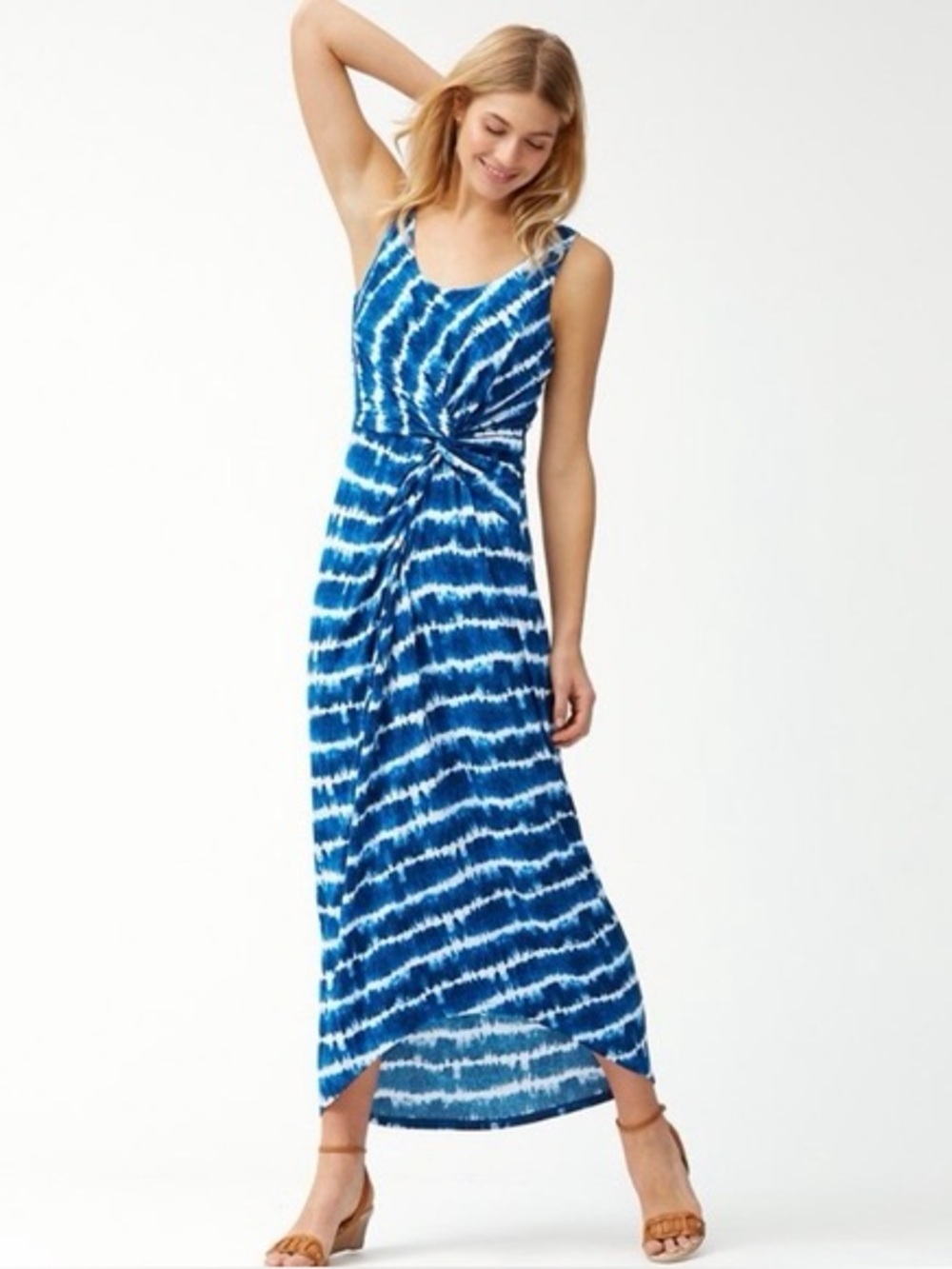 Women's Blue and White Tie-Dye Twist Front Sleeveless Tommy Bahama Dress M